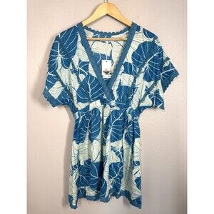 America & Beyond M Tropical Palm Fiesta Crochet Trim Mini Dress Cover Up Tunic‎
